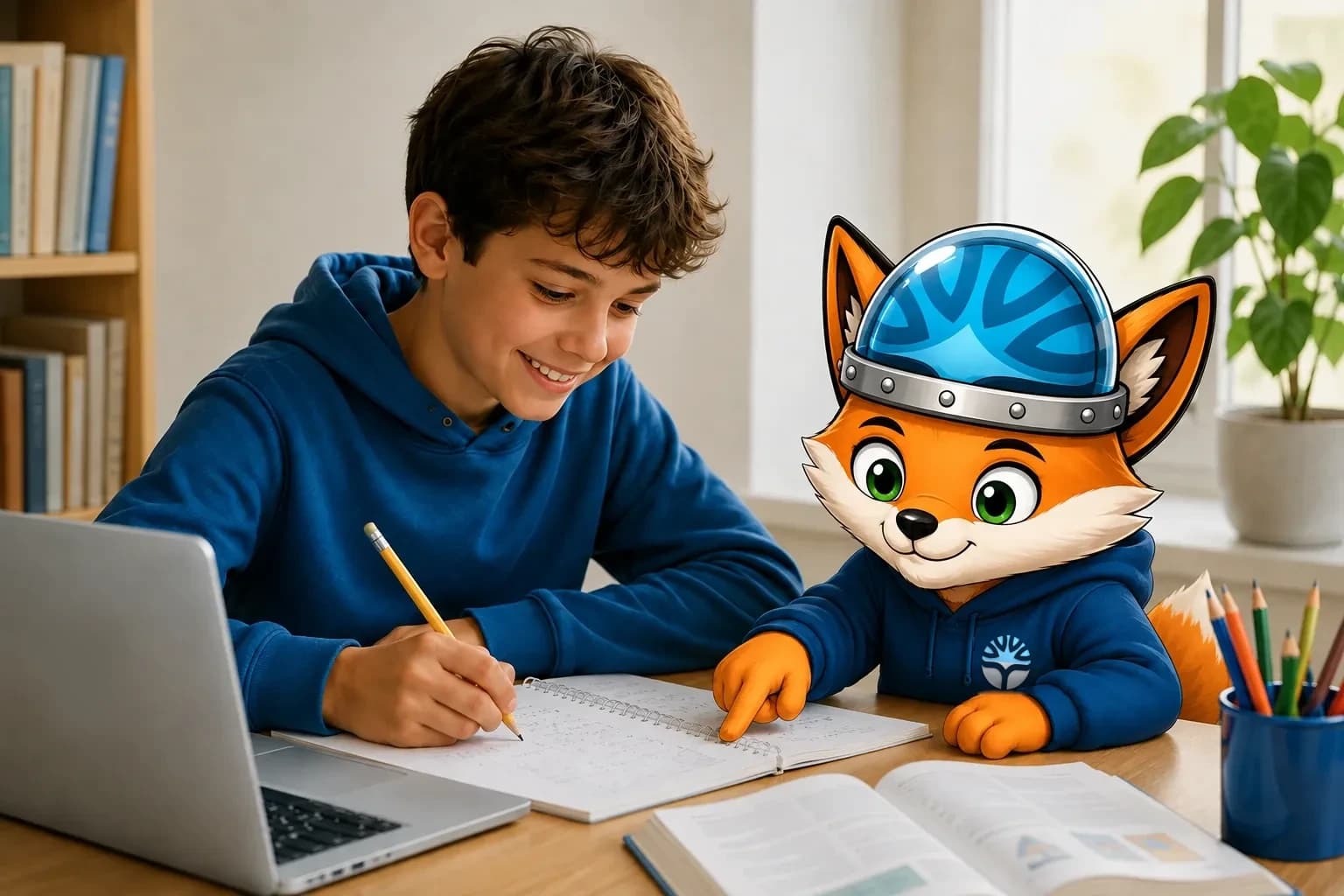 A boy working through a maths problem at a desk beside the Kallipo fox