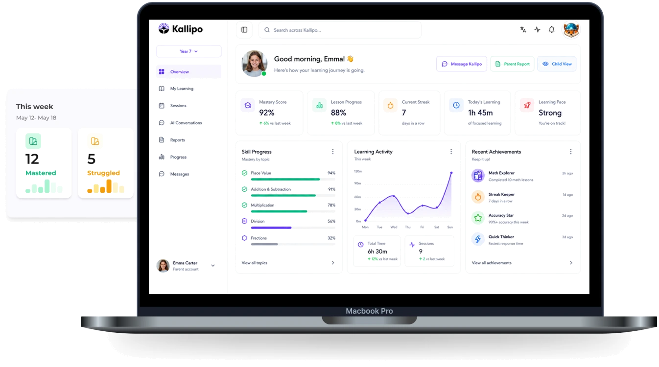Illustrative Kallipo parent dashboard shown on a laptop beside a weekly summary card.